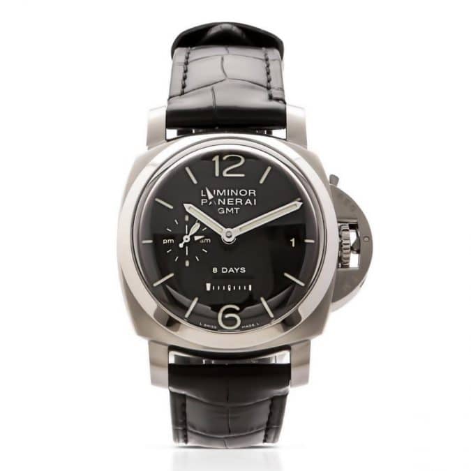 Front view of the Panerai Luminor 8 Days GMT PAM00233 with a black dial