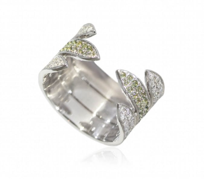 Ralph Masri Sacred windows ring in white gold with diamonds and green sapphires