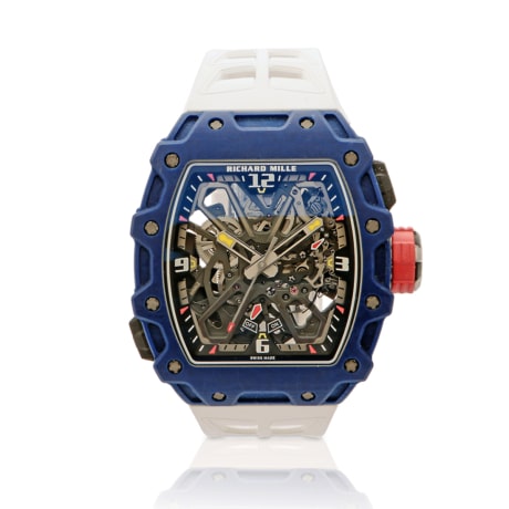 Richard mille RM35-03 blue quartz tpt skeleton dial white rubber strap front of watch