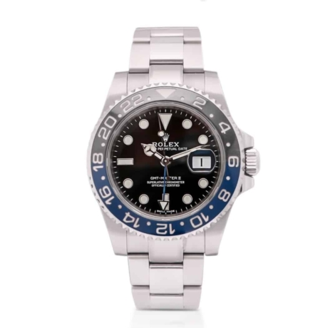 Rolex GMT master II batman steel. Blue and black bezel black dial front of watch