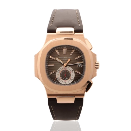Patek Philipe 5980R flyback chronograph Nautilus rose gold. brown leather clasp. front of watch.