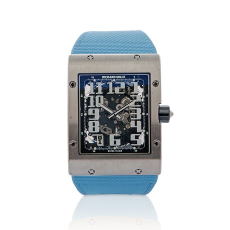 Richard Mille RM016 white gold skeleton dial blue velcro 38mm front of watch