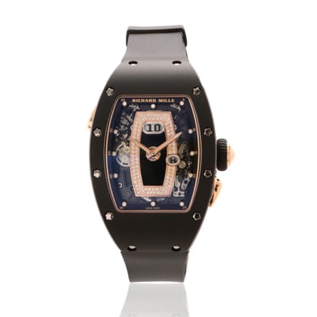 Richard Mille RM037 rose gold and black ceramic pave dial with black rubber strap.