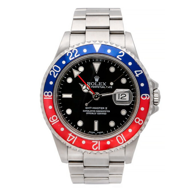Front view of the 40mm Rolex GMT Master II Pepsi 16710 with black dial and blue and red bezel.