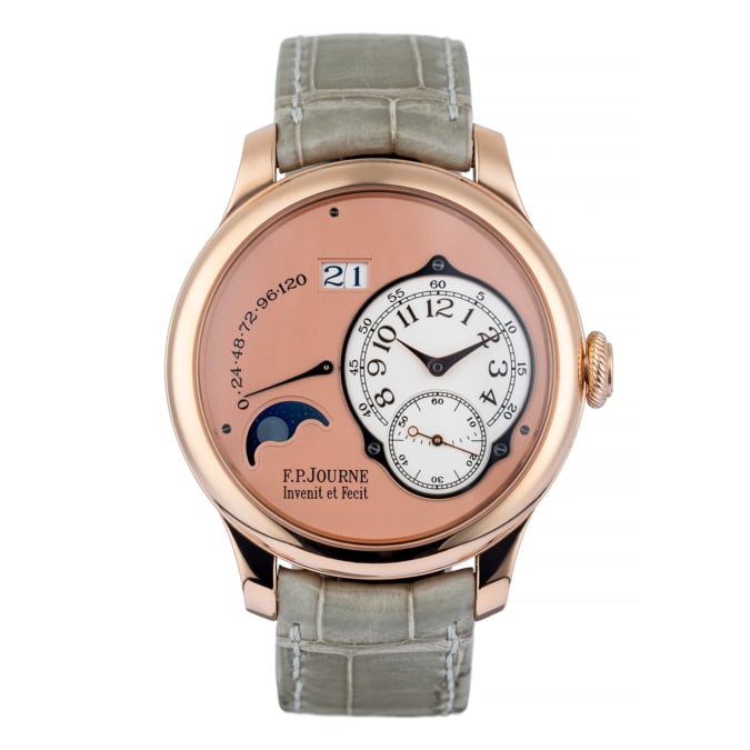 F.P. Journe rose gold watch with salmon dial and date with leather strap.
