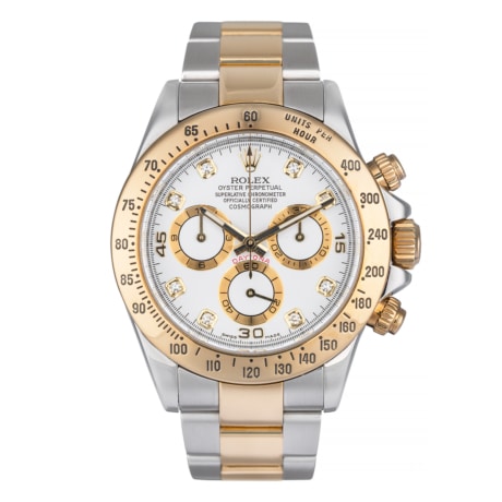 Rolex chronograph daytona steel and yellow gold 40 mm white dial showing dial.