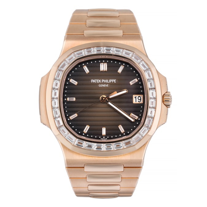 Patek Philippe 5723 Nautilus rose gold baguette diamond bezel 40 mm. Chocolate dial. Front of watch