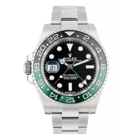 Rolex GMT Master II black dial with white time markers and a green and black bezel.