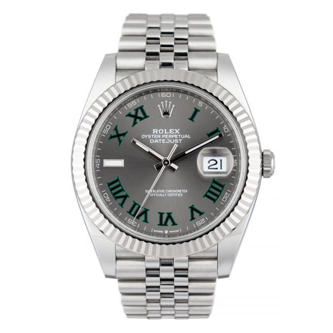 Rolex datejust wimbledon dial has a slate grey dial with green roman numerals and white gold hands with a date display at 3 o'clock, protected by a scratch resistant sapphire crystal with a jubilee bracelet.