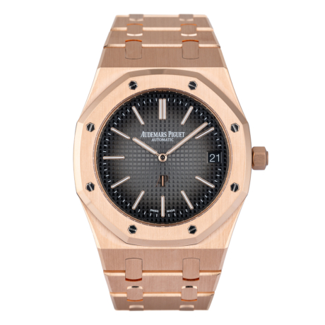 Audermars Piguet Royal Oak has a black dial with Grande Tapisserie pattern, pink gold applied hour-markers and Royal Oak hands with luminescent coating, 18-carat pink gold bracelet.