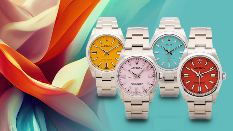 Four Rolex Oyster Perpetual watches in stainless steel with red, yellow, pink and turquoise dials.