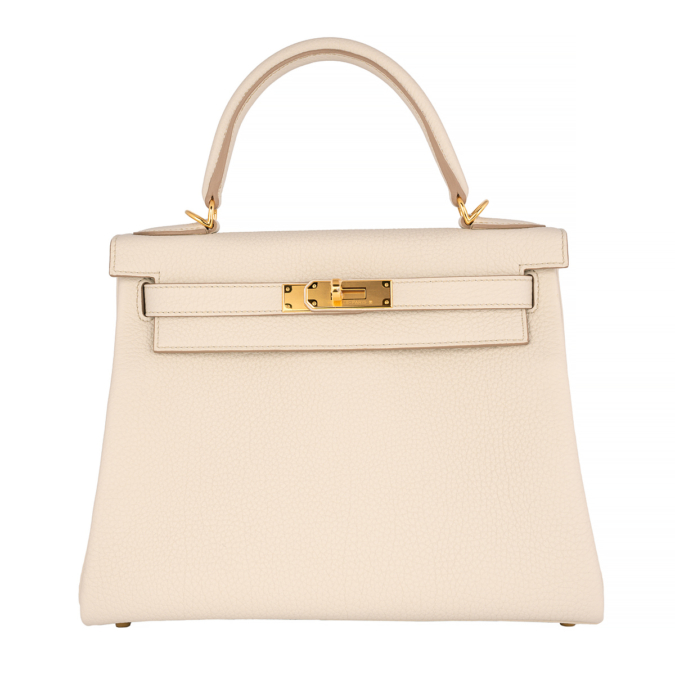 Hermes Kelly 28 Togo in gris perle leather with gold hardware.