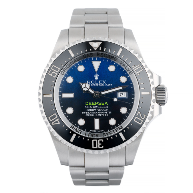 Rolex Sea Dweller men's steel watch with navy blue dial.