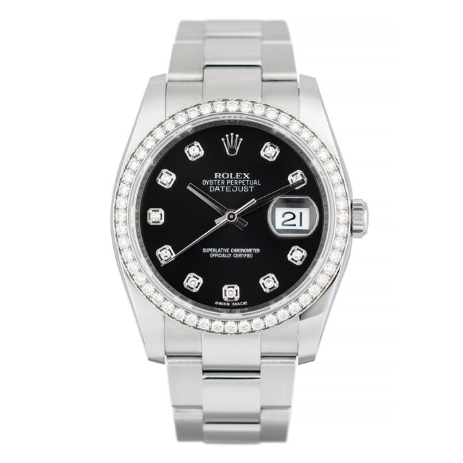 Rolex diamond bezel and black dial with diamonds