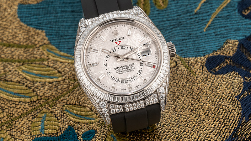Diamond Watch: Rolex Sky-Dweller Meteorite Baguette Dial with a white gold bezel set with calibrated baguette diamonds