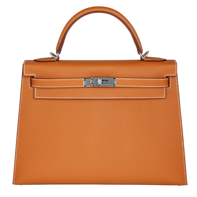Front view of of the Hermes Kelly Sellier 28 in Epsom Gold leather with palladium hardware