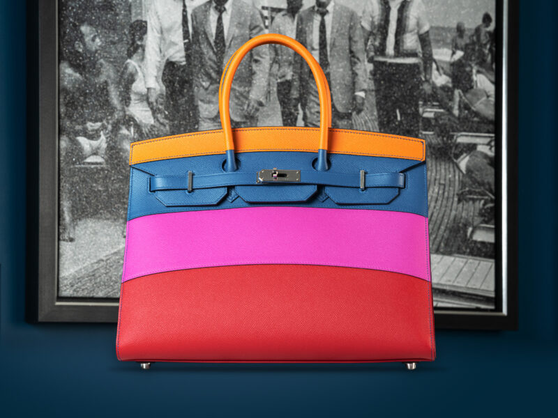 Limited Edition Hermès Birkin in Sunset Rainbow in front of a photograph of Frank Sinatra